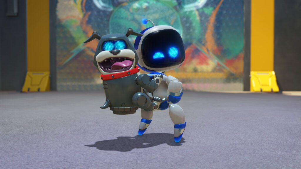 Astro der Namengebende Roboter von Astro Bot mit seinem hilfreichen Hunde-Roboter auf dem Rücken