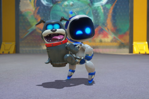 Astro der Namengebende Roboter von Astro Bot mit seinem hilfreichen Hunde-Roboter auf dem Rücken