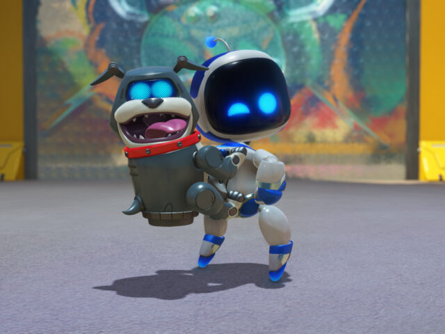 Astro der Namengebende Roboter von Astro Bot mit seinem hilfreichen Hunde-Roboter auf dem Rücken